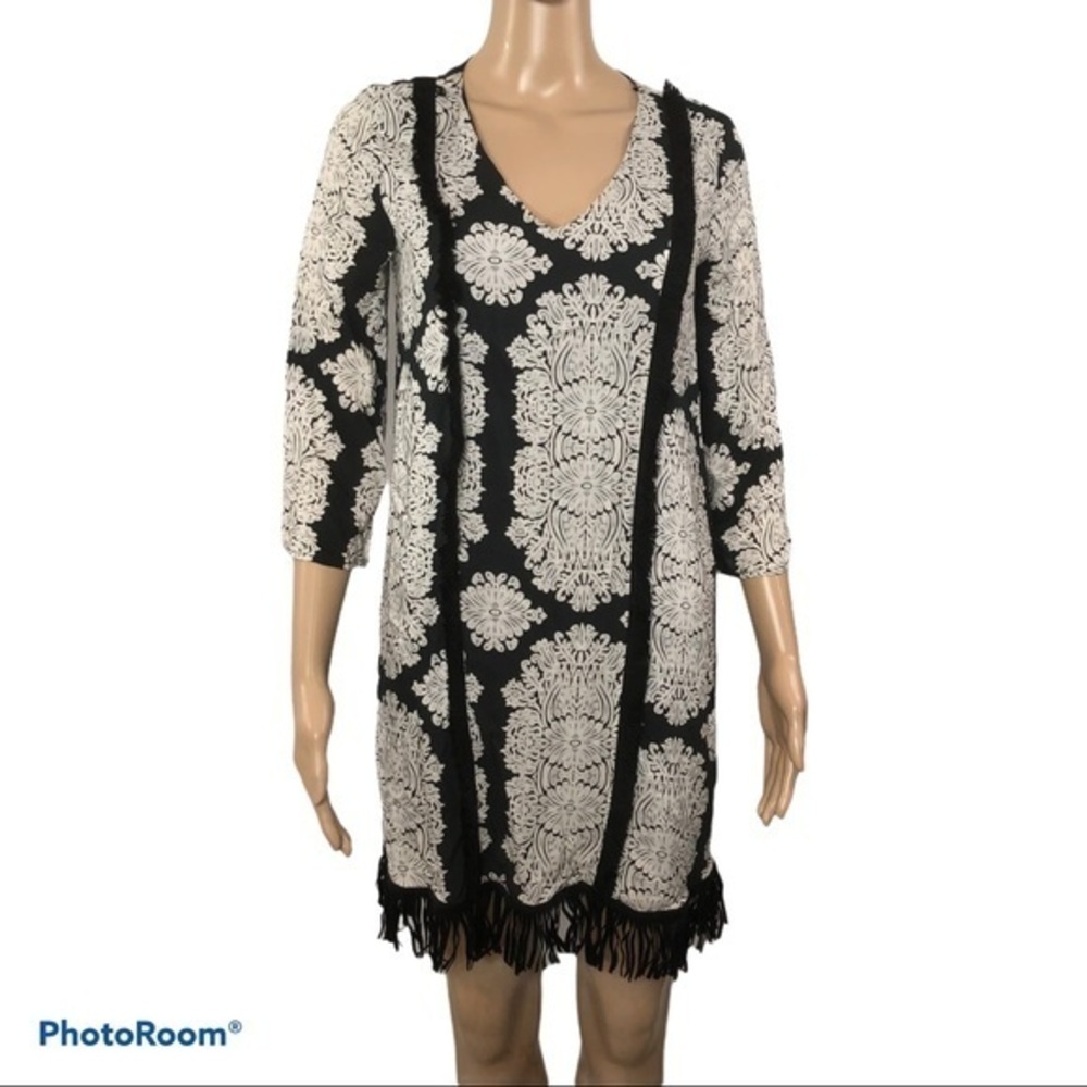 Kookai black and white fringed dress 3/4 sleeves